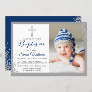 Silver Glitter Navy Blue Boy Baptism Photo Invitation