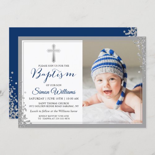 Silver Glitter Navy Blue Boy Baptism Photo Invitation