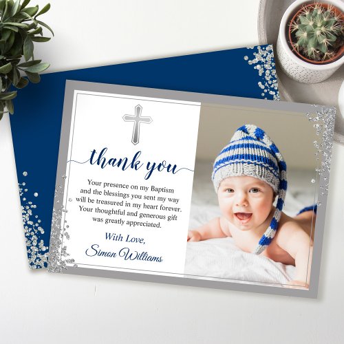 Silver Glitter Navy Blue Boy Baptism Script Thank You Card