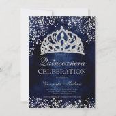 Silver glitter navy blue cement tiara Quinceañera Invitation (Front)