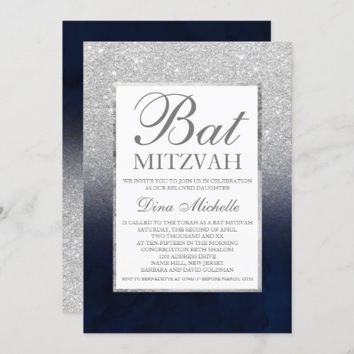 SIlver glitter navy blue chic Bat Mitzvah Invitation