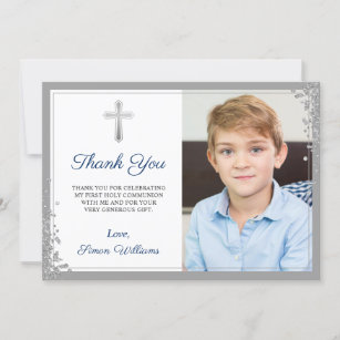 Silver Glitter Navy Blue Communion Thank You Card Zazzle Com