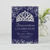 Silver glitter navy blue crown tiara Quinceañera Invitation (Standing Front)