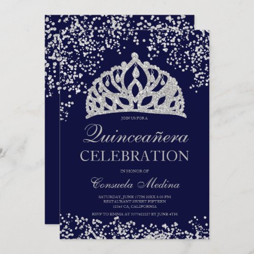 Silver glitter navy blue crown tiara Quinceaera Invitation