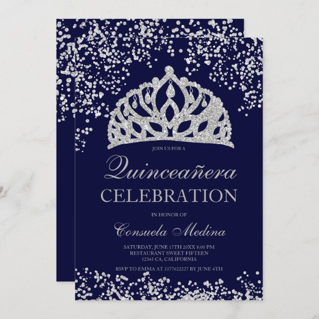 Silver glitter navy blue crown tiara Quinceañera Invitation (Front/Back)