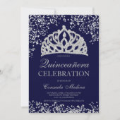 Silver glitter navy blue crown tiara Quinceañera Invitation (Front)
