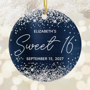 Silver Glitter Navy Blue Fancy Sweet 16 Photo Ceramic Ornament