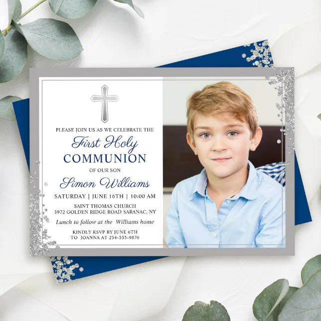 Silver Glitter Navy Blue First Communion Photo Invitation | Zazzle