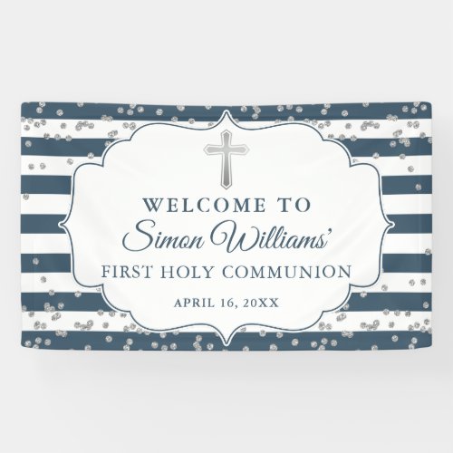 Silver Glitter Navy Blue First Holy Communion Banner