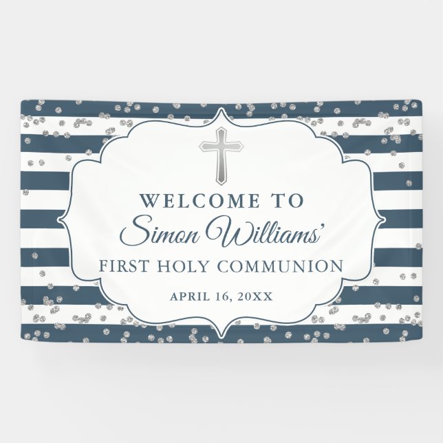 Silver Glitter Navy Blue First Holy Communion Banner (Horizontal)