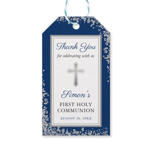 Silver Glitter Navy Blue First Holy Communion Gift Tags ...