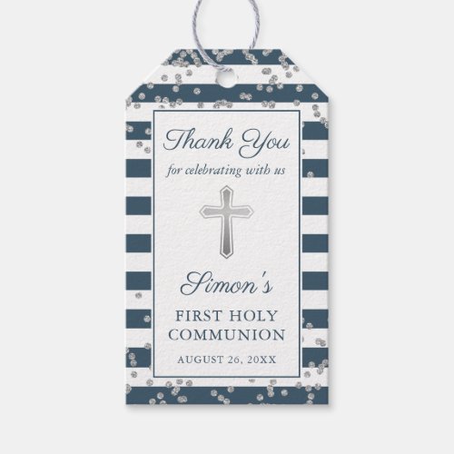 Silver Glitter Navy Blue First Holy Communion Gift Tags