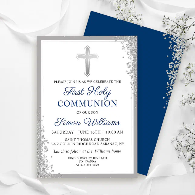 Silver Glitter Navy Blue First Holy Communion Invitation | Zazzle