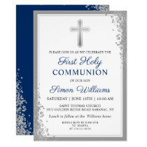 Silver Glitter Navy Blue First Holy Communion Invitation Silver Glitter Navy Blue First Holy Communion Invitation