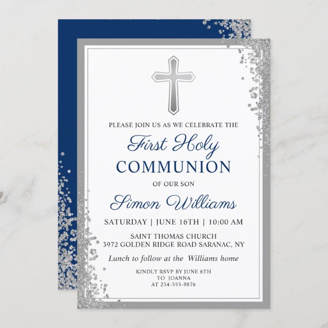 Silver Glitter Navy Blue First Holy Communion Invitation