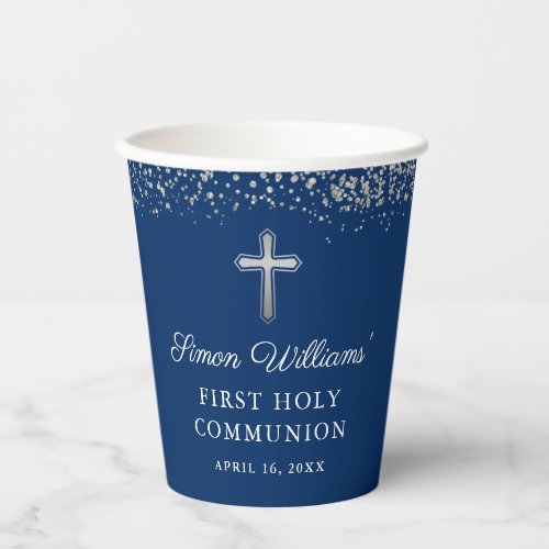 Silver Glitter Navy Blue First Holy Communion Paper Cups