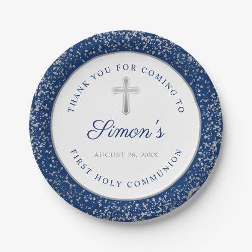 Silver Glitter Navy Blue First Holy Communion Paper Plates
