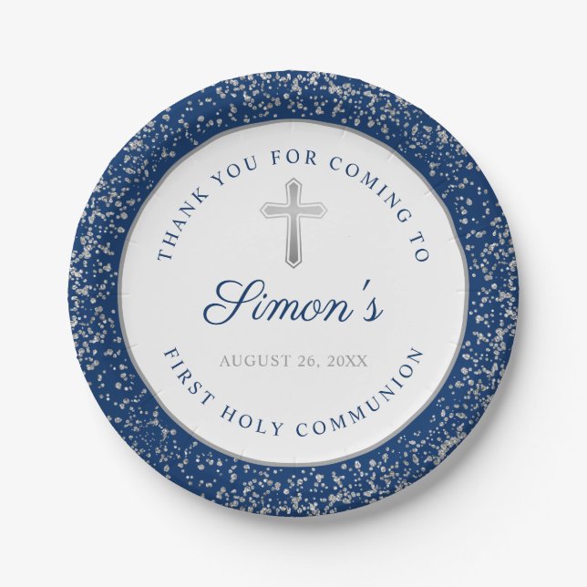 Silver Glitter Navy Blue First Holy Communion Paper Plates (Front)