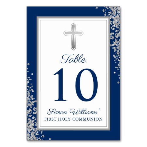 Silver Glitter Navy Blue First Holy Communion Table Number