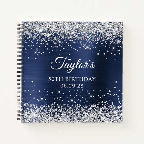 Silver Glitter Navy Blue Foil 50th Birthday Guest Notebook