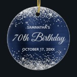 Silver Glitter Navy Blue Foil 70th Birthday Ceramic Ornament<br><div class="desc">Create your own 70th birthday circle ornament for your grandma. Customize the block text and/or calligraphy font style. Change the text for any special or milestone birthday. The digital art background features a faux silver glitter and navy blue ombre foil. On the backside, you can add a family photo if...</div>