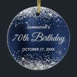 Silver Glitter Navy Blue Foil 70th Birthday Ceramic Ornament<br><div class="desc">Create your own 70th birthday circle ornament for your grandma. Customize the block text and/or calligraphy font style. Change the text for any special or milestone birthday. The digital art background features a faux silver glitter and navy blue ombre foil. On the backside, you can add a family photo if...</div>