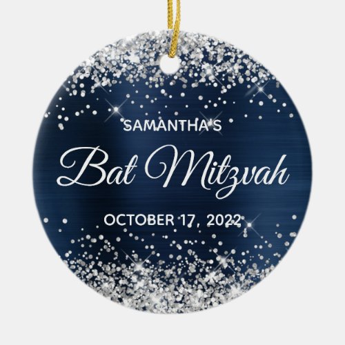 Silver Glitter Navy Blue Foil Bat Mitzvah Ceramic Ornament