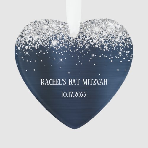 Silver Glitter Navy Blue Foil Bat Mitzvah Heart Ornament