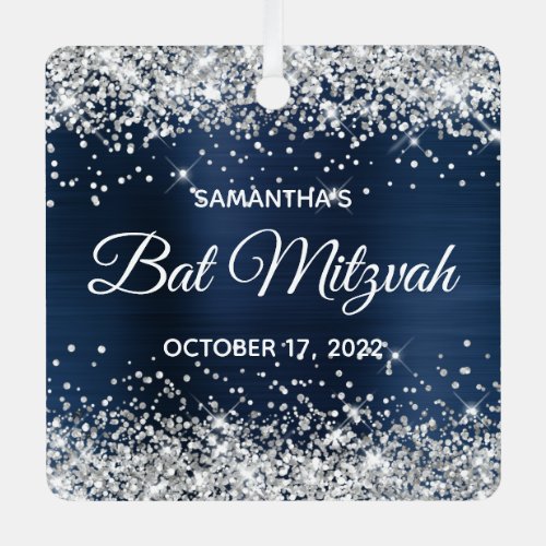Silver Glitter Navy Blue Foil Bat Mitzvah Metal Ornament