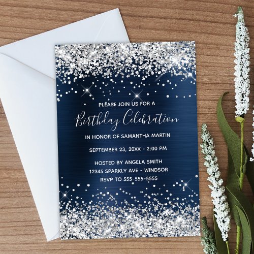 Silver Glitter Navy Blue Foil Birthday Celebration Invitation