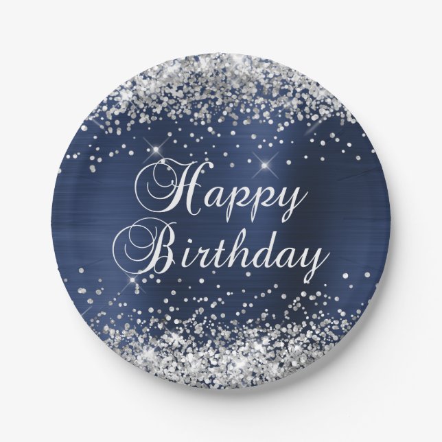 Silver Glitter Navy Blue Foil Happy Birthday Paper Plates (Front)