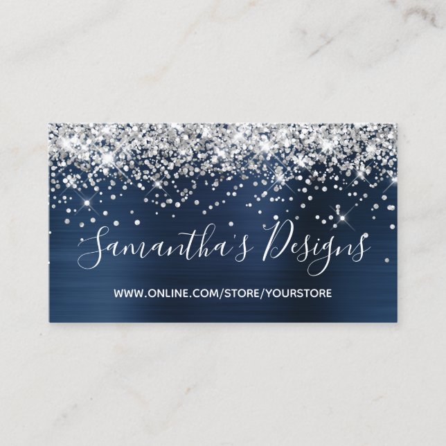 Silver Glitter Navy Blue Foil Online Store Business Card (Front)