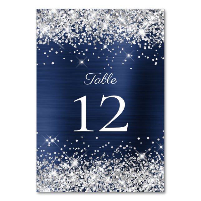 Silver Glitter Navy Blue Foil Wedding Table Number (Front)