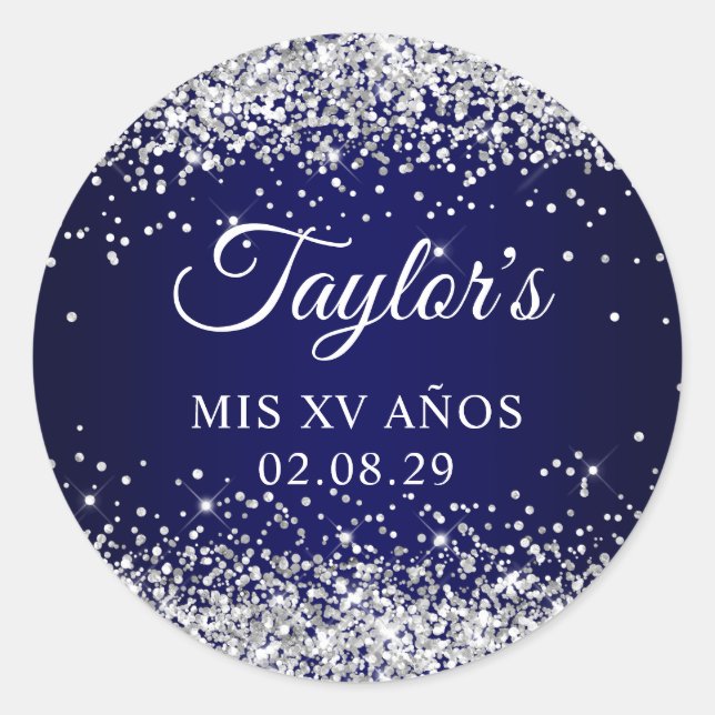 Silver Glitter Navy Blue Mis XV Anos Classic Round Sticker (Front)