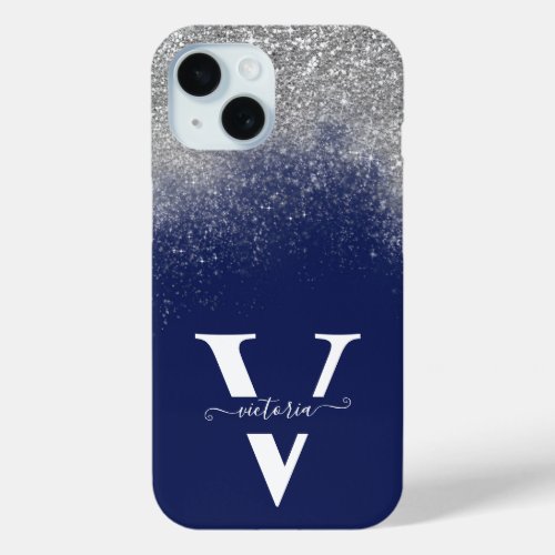 Silver Glitter Navy Blue Monogram Elegant Custom iPhone 15 Case