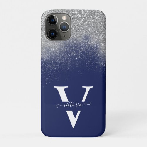 Silver Glitter Navy Blue Monogram Elegant Custom iPhone 11 Pro Case