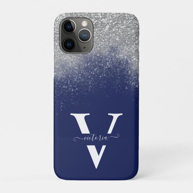 Silver Glitter Navy Blue Monogram Elegant Custom Case-Mate iPhone Case (Back)
