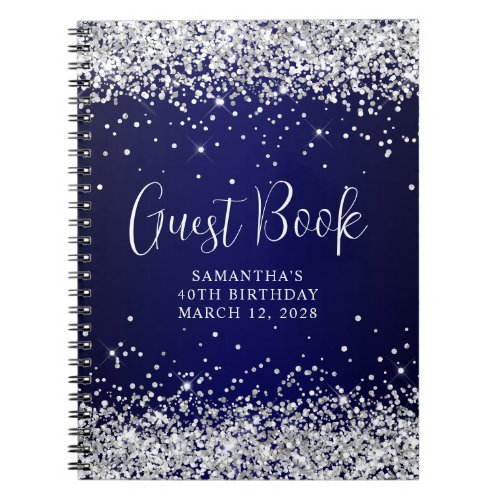Silver Glitter Navy Blue Ombre 40th Birthday Guest Notebook