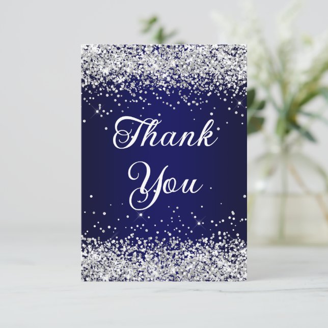 Silver Glitter Navy Blue Ombre 40th Birthday Thank You Card (Standing Front)