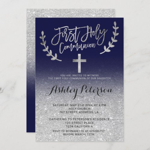 Silver glitter navy blue ombre first communion invitation