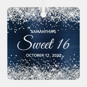 Silver Glitter Navy Blue Ombre Foil Sweet 16 Metal Ornament