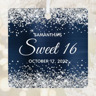 Silver Glitter Navy Blue Ombre Foil Sweet 16 Metal Ornament