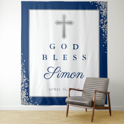 Silver Glitter Navy Blue Personalized God Bless Tapestry