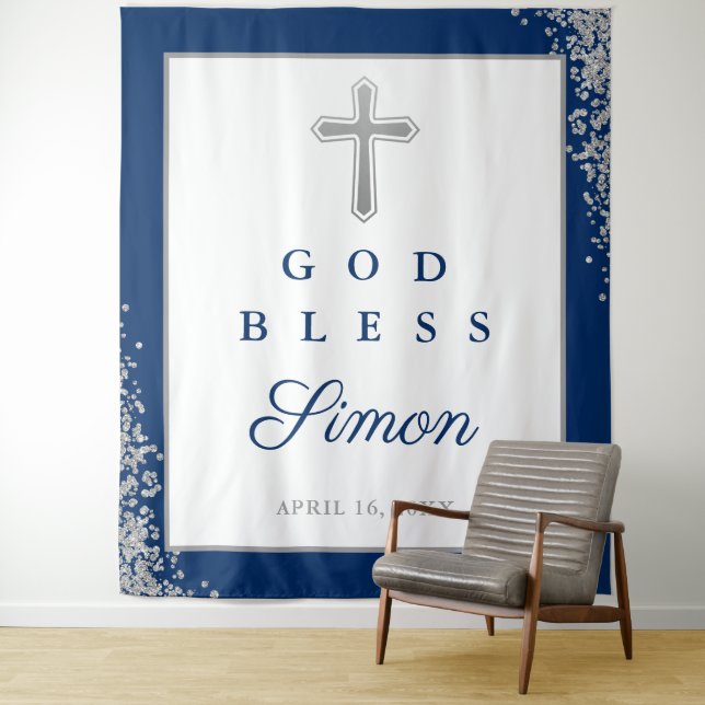 Silver Glitter Navy Blue Personalized God Bless Tapestry (In Situ)