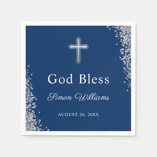 Silver Glitter Navy Blue Personalized Religious Napkins (Front)
