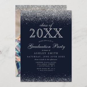 Silver Glitter Navy Blue Photo Graduation Invitation