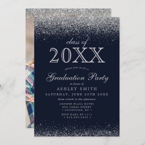 Silver Glitter Navy Blue Photo Graduation Invitation