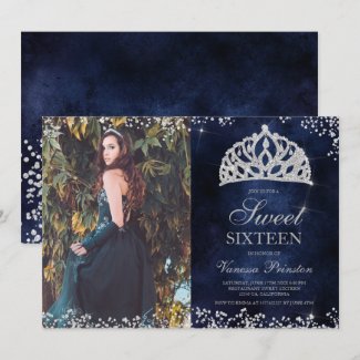 Silver glitter navy blue photo tiara Sweet 16 Invitation