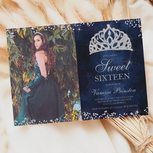 Silver glitter navy blue photo tiara Sweet 16 Invitation