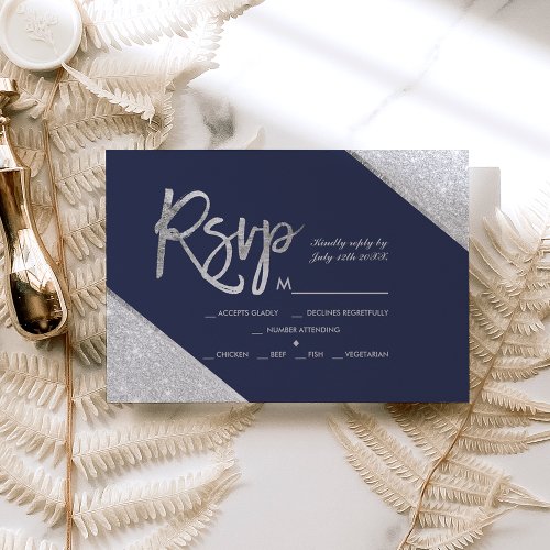 Silver glitter navy blue script wedding Rsvp